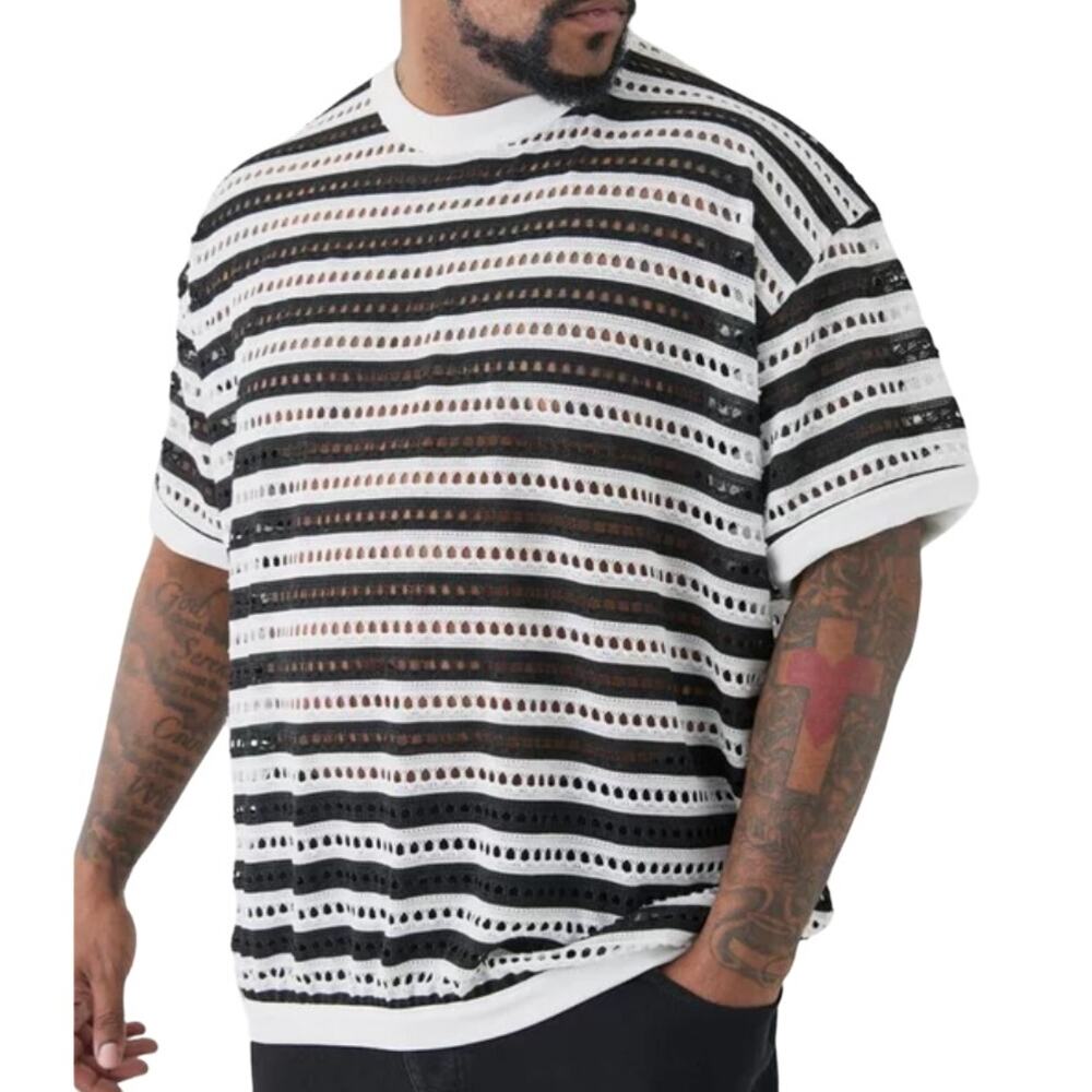 Boohoo Man Crochet Striped Oversized T-Shirt in Black, Size 5XL
